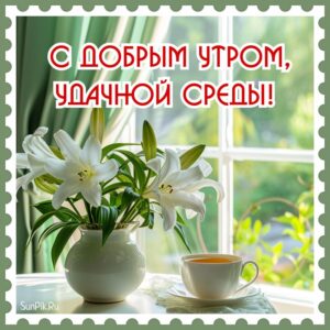 Открытка чай и ваза цветов с добрым утром, удачной среды!
