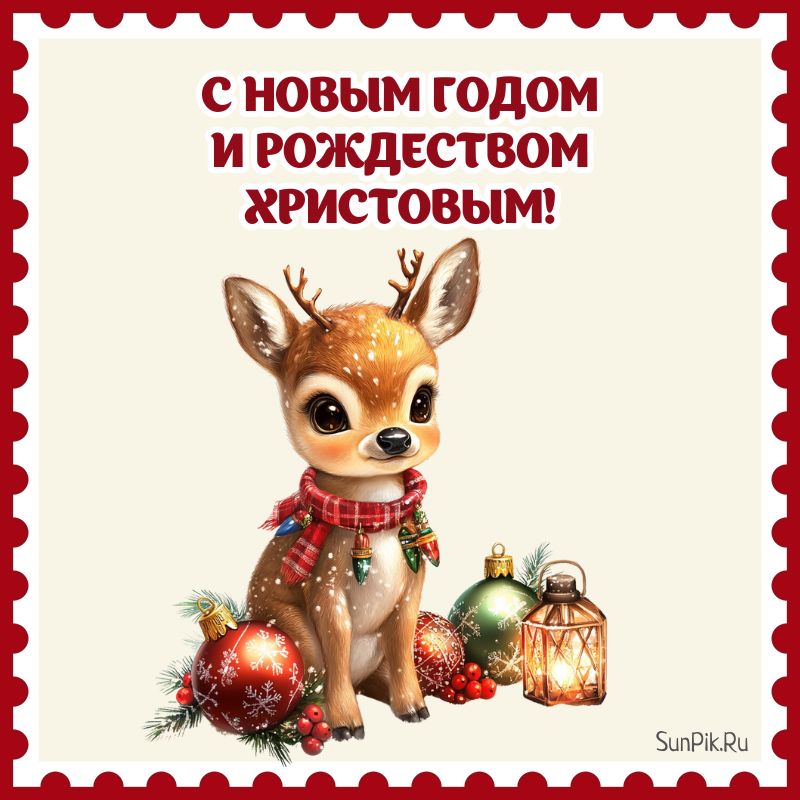Открытка с оленем, поздравить с Новым годом и Рождеством Христовым.
