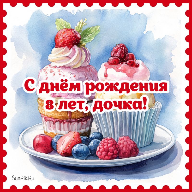 Открытка с днем рождения дочки 8 лет с пирожными.