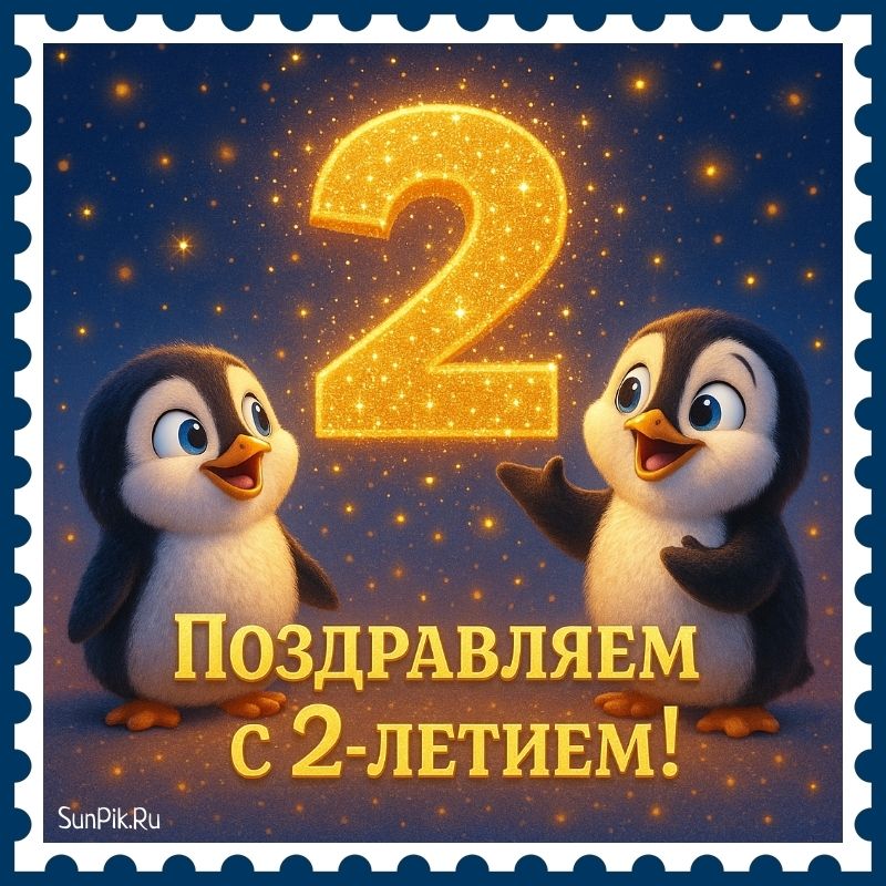 Открытка с пингвинами и со словами поздравляем с 2 летием!