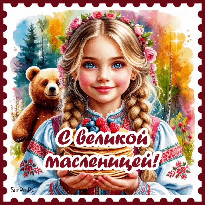 Традиционная анимированная открытка с великой масленицей с девочкой.