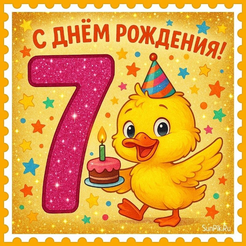 Детская открытка с днем рождения 7 лет с утёнком.
