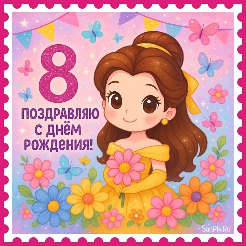Картинка с принцессой и надписью поздравляю с днем рождения 8 лет.