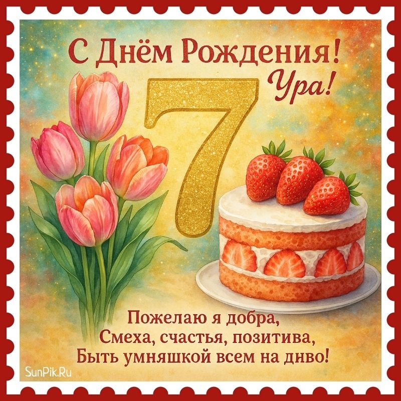 Картинка с поздравлением ребенку 7 лет на день рождения в стихах, цветами и тортом.