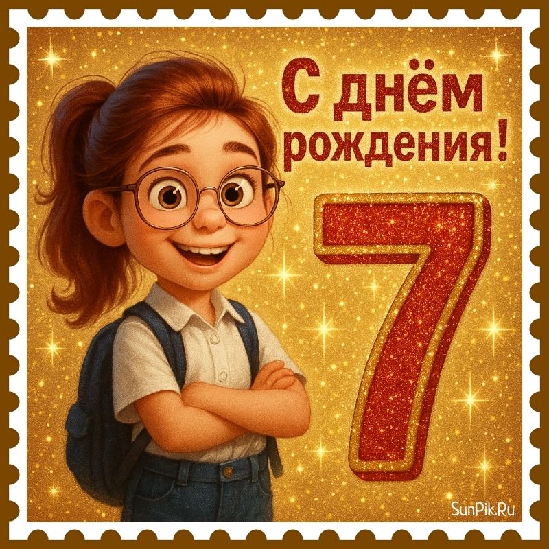 Красивая открытка на день рождения 7 лет с девочкой.