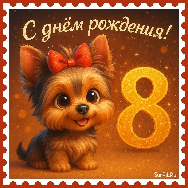 Красивая открытка с днем рождения 8 лет с собачкой.