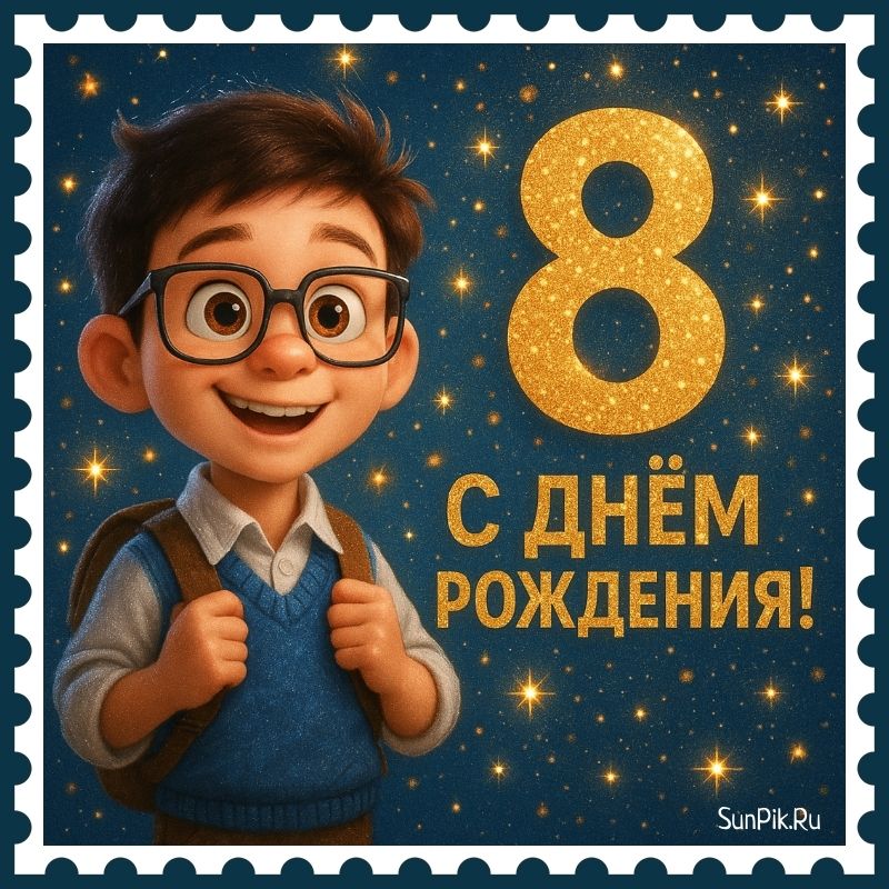 Оригинальная открытка с днем рождения ребенку 8 лет с мальчиком.