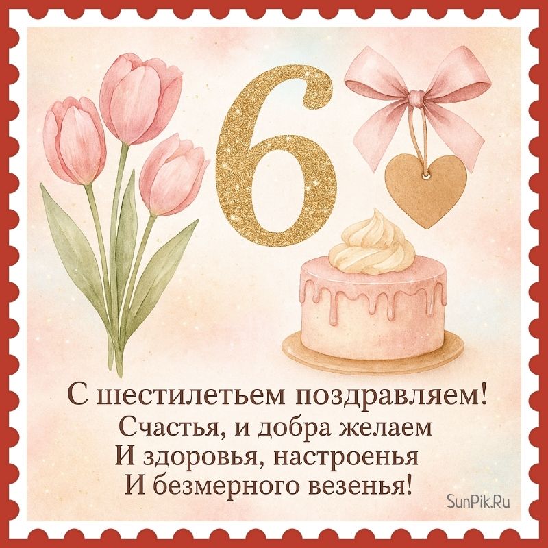 Открытка на день рождения 6 лет с поздравлением ребёнку в стихах и тортом.
