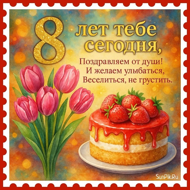 Открытка с поздравлением ребенку 8 лет на день рождения в стихах, с тортом и цветами.