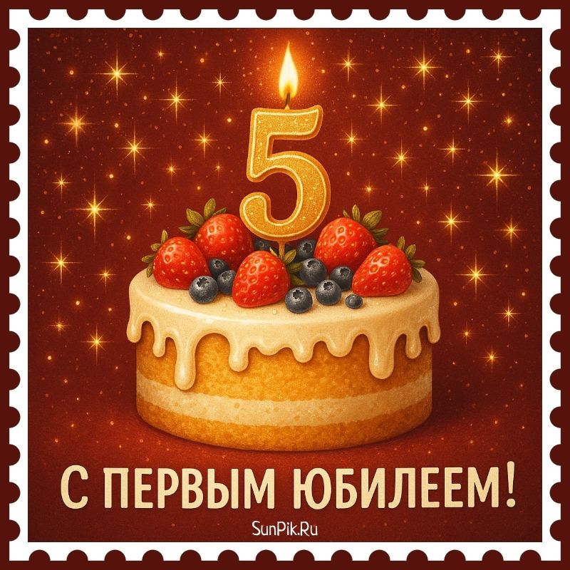 Стильная открытка с первым юбилеем 5 лет с тортом.