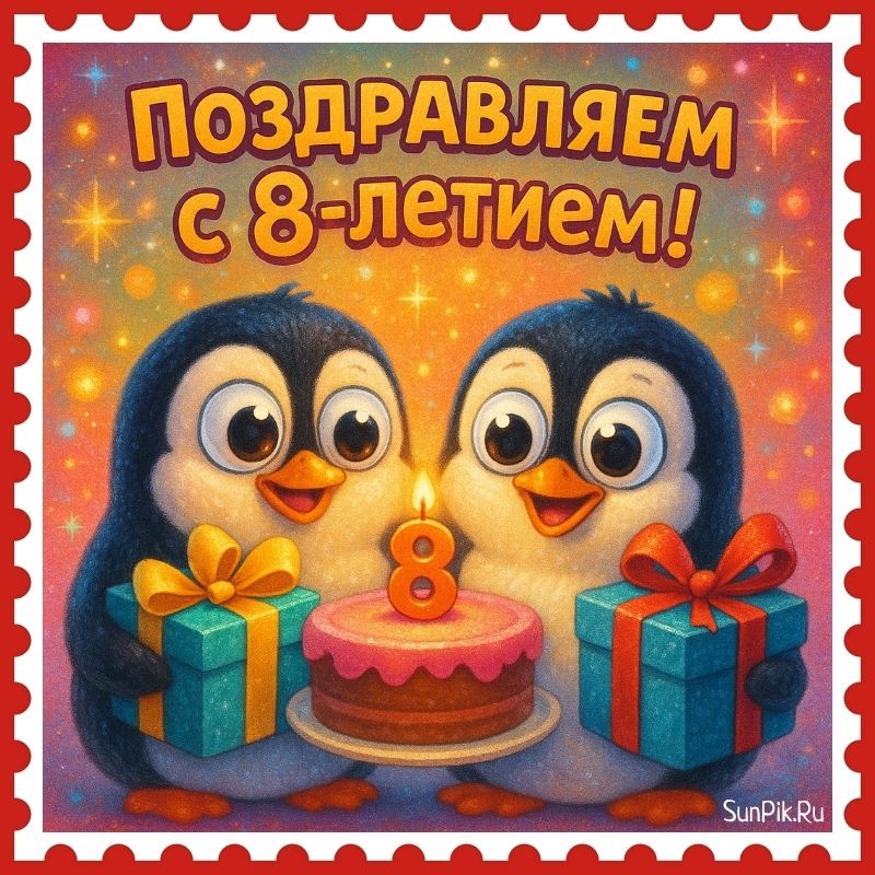 Веселая картинка с днём рождения, с 8-летием с пингвинами.