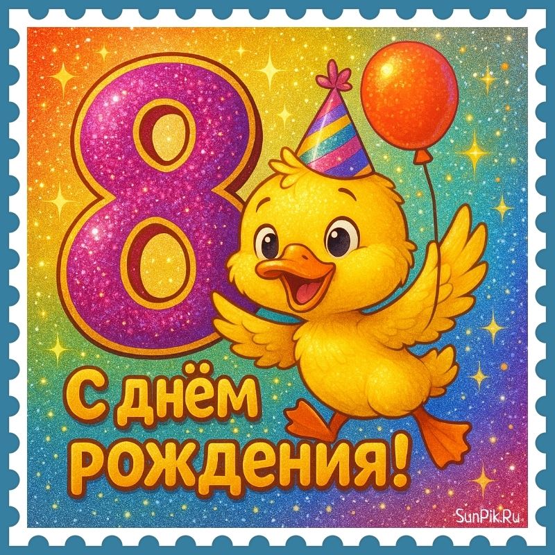 Яркая открытка с днем рождения 8 лет с утёнком.