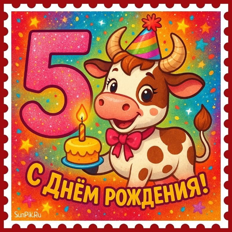 Яркая открытка с днем рождения для ребенка 5 лет с коровой.