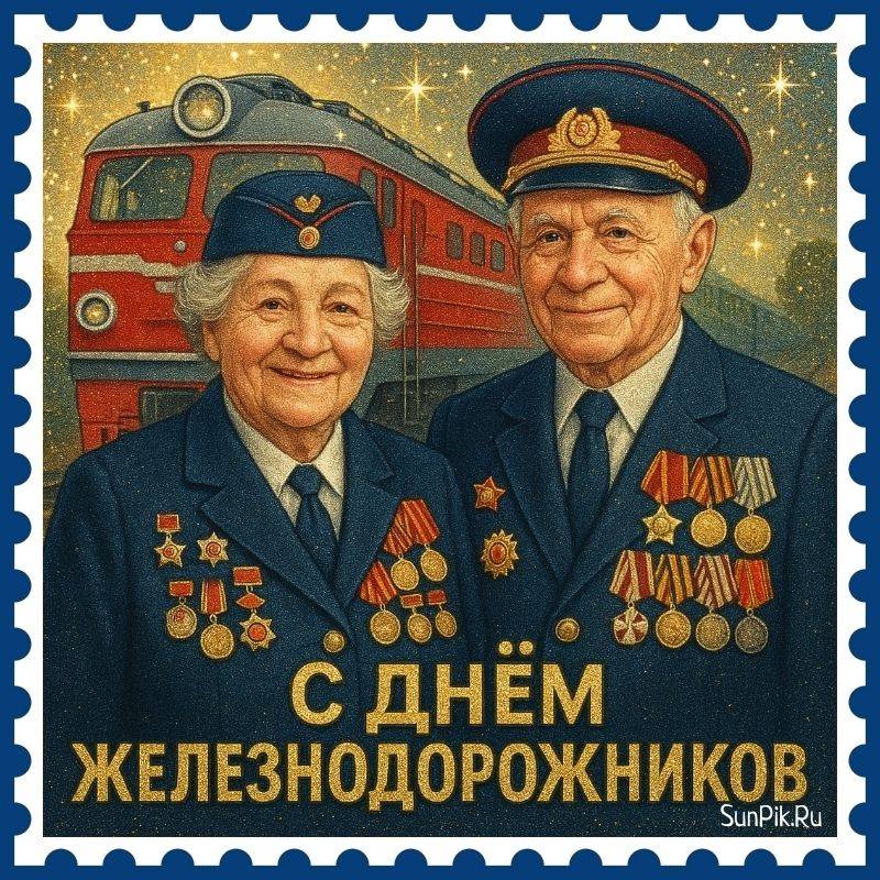 Дизайнерская открытка для ветеранов РЖД на день железнодорожников.