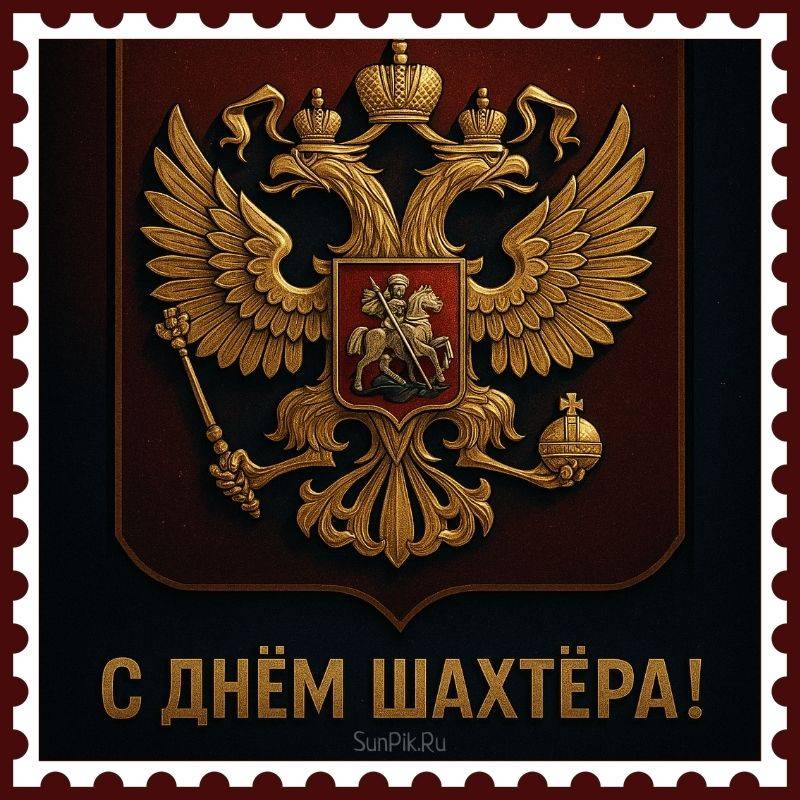 Официальная открытка на день шахтёра с государственным гербом Российской Федерации.