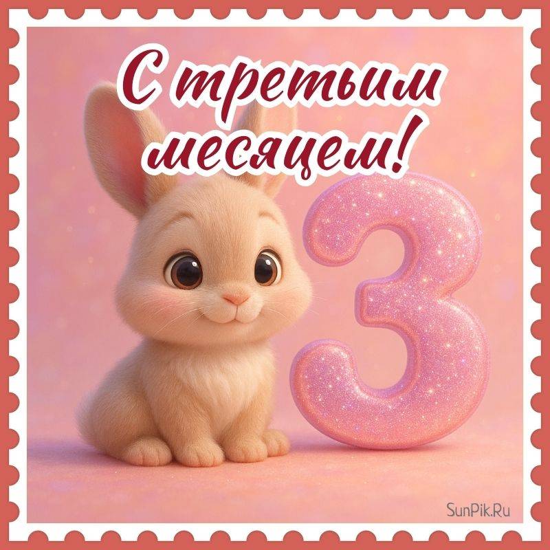 С третьим месяцем! Открытка зайчик поздравляет малыша с третьим месяцем.