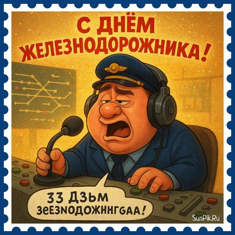 Прикольная картинка с шаржем железнодорожника для поздравления на праздник.