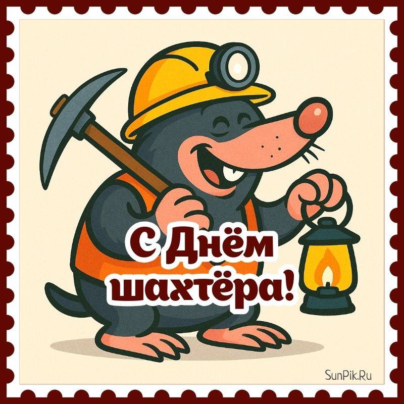 Смешная открытка на день шахтера с кротом.
