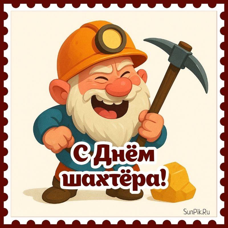 Весёлая открытка гном поздравляет с днем шахтера.