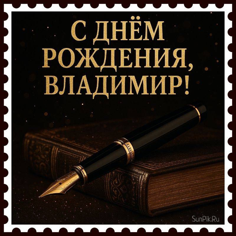Официальна открытка с днем рождения, Владимир! Официальна открытка с днем рождения, Владимир с ручкой Паркер и книгой.