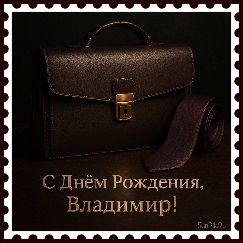 Стильная открытка для поздравления с днем рождения мужчине с именем Владимир Стильная открытка для поздравления с днем рождения мужчине с именем Владимир с портфелем и галстуком.