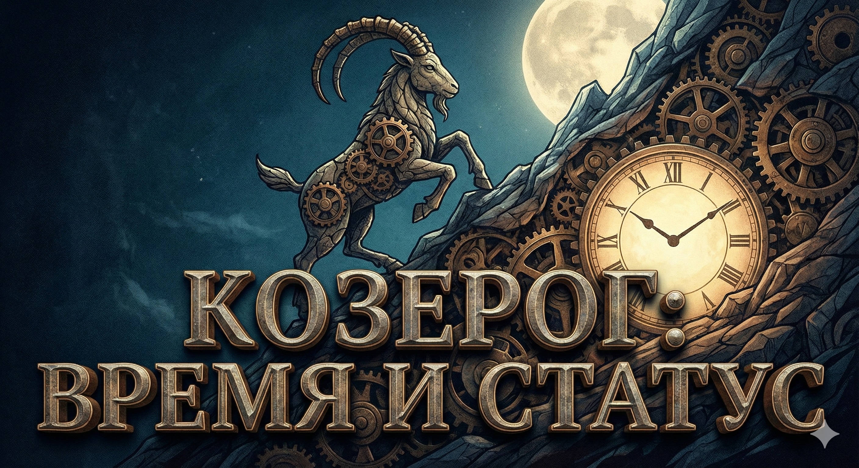 Психология Козерога: амбиции и прагматизм Символ знака зодиака Козерог с часами и горами и надписью Время и Статус