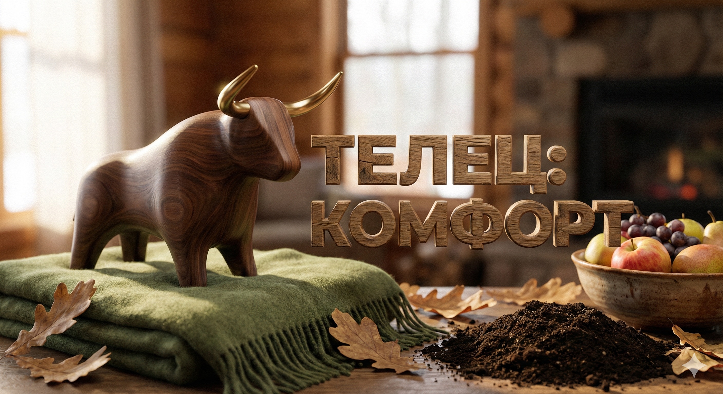 Психологический портрет Тельца: любовь к уюту и качеству Символ знака зодиака Телец из дерева на пледе с надписью Комфорт