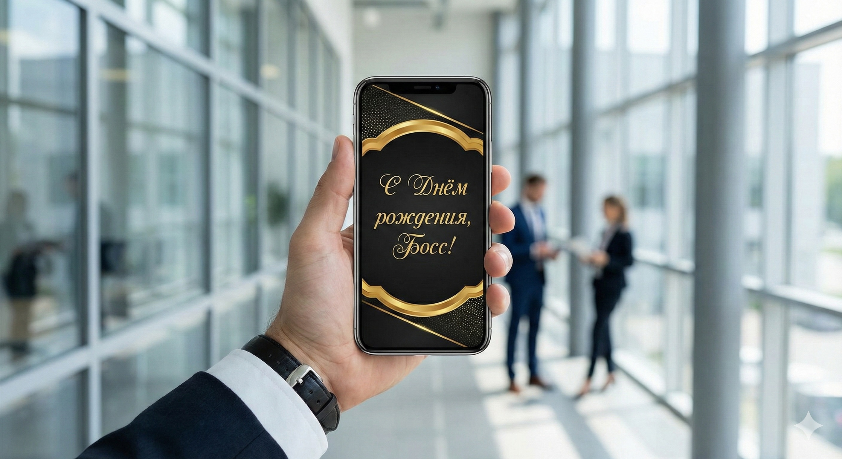 Смартфон с открыткой С днем рождения, Босс на экране