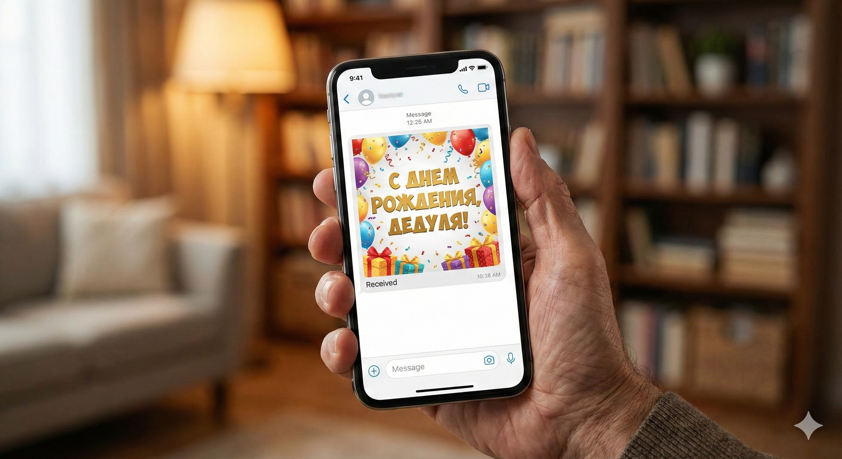 WhatsApp-открытка для дедушки Смартфон с открыткой С днем рождения, дедуля на экране