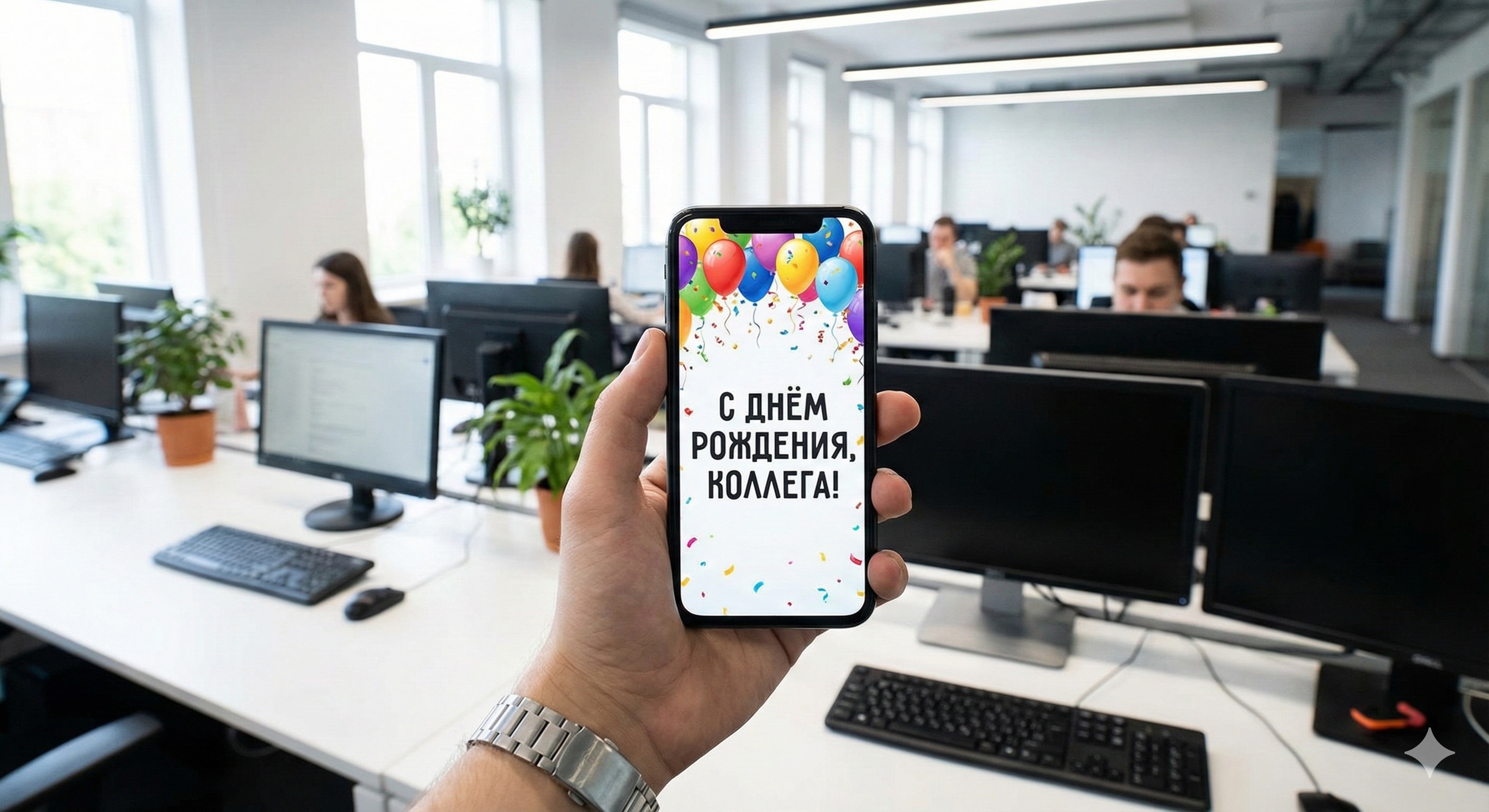 Поздравление коллеге в мессенджере Смартфон с поздравительной открыткой С днем рождения, коллега на экране
