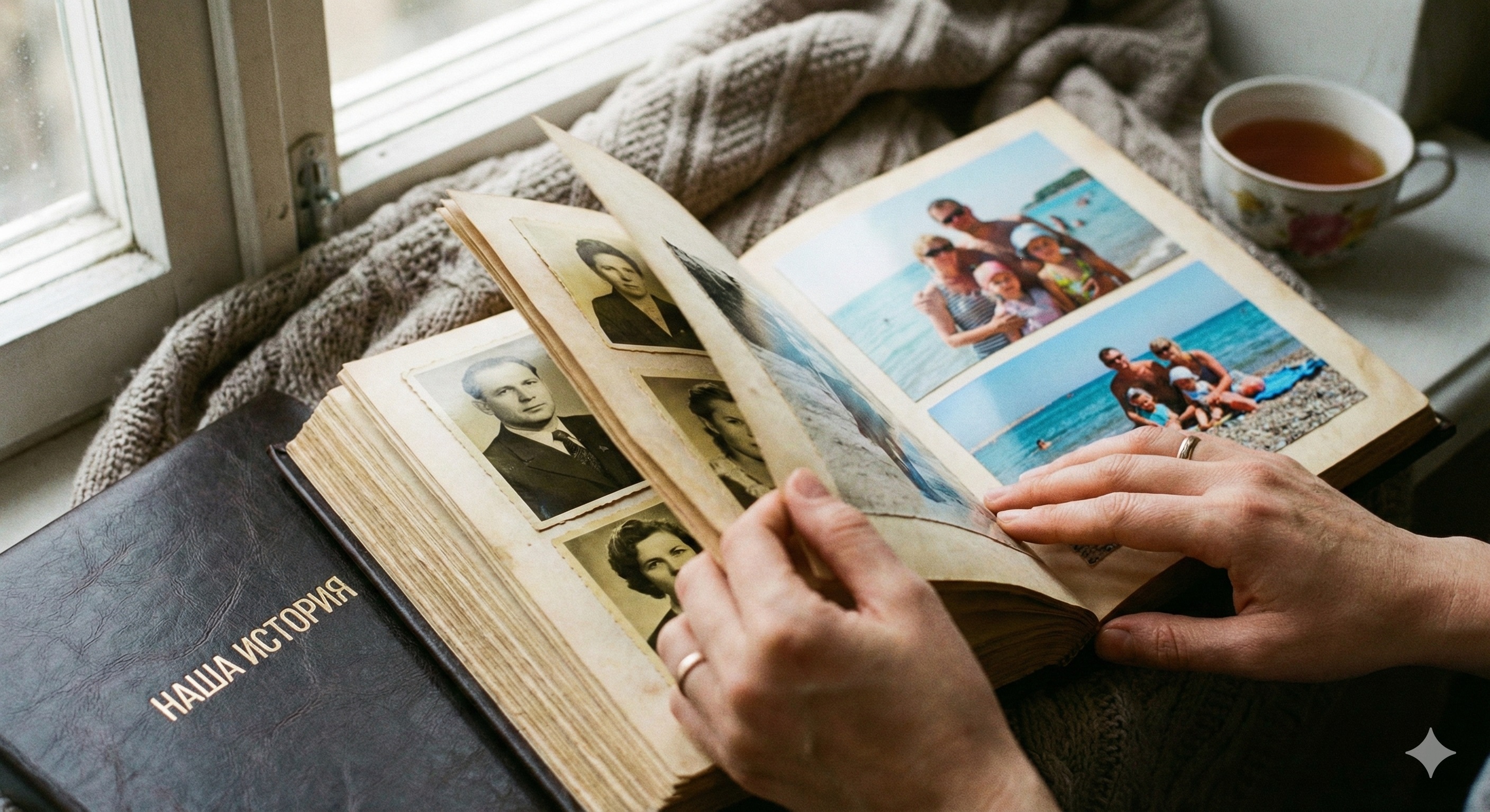 Семейная фотокнига в подарок бабушке Раскрытая фотокнига с семейными архивами и красивой надписью Наша история