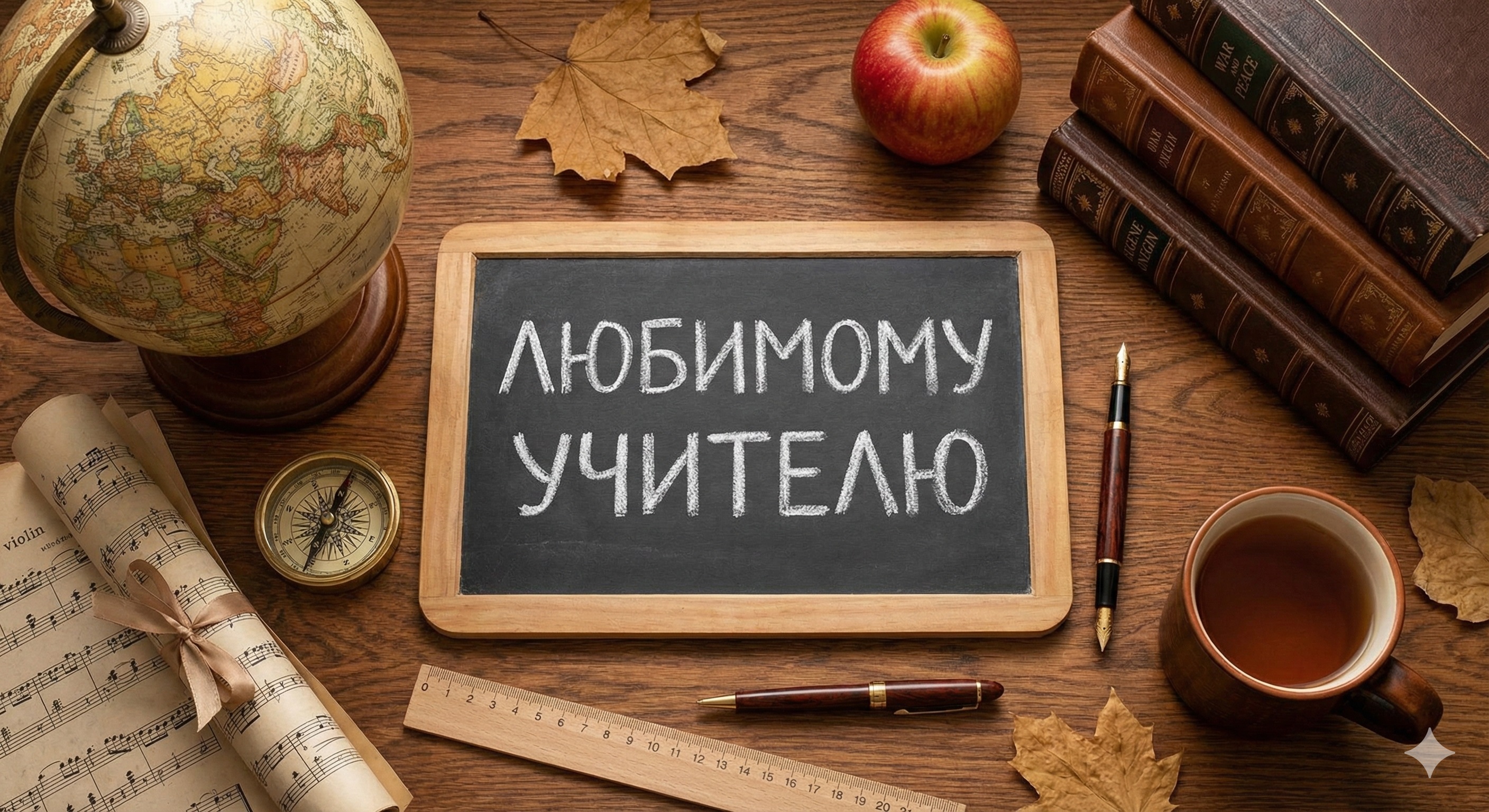 Идеи тематических подарков для учителей-предметников Композиция из глобуса, книг и музыкальных нот с надписью Любимому учителю