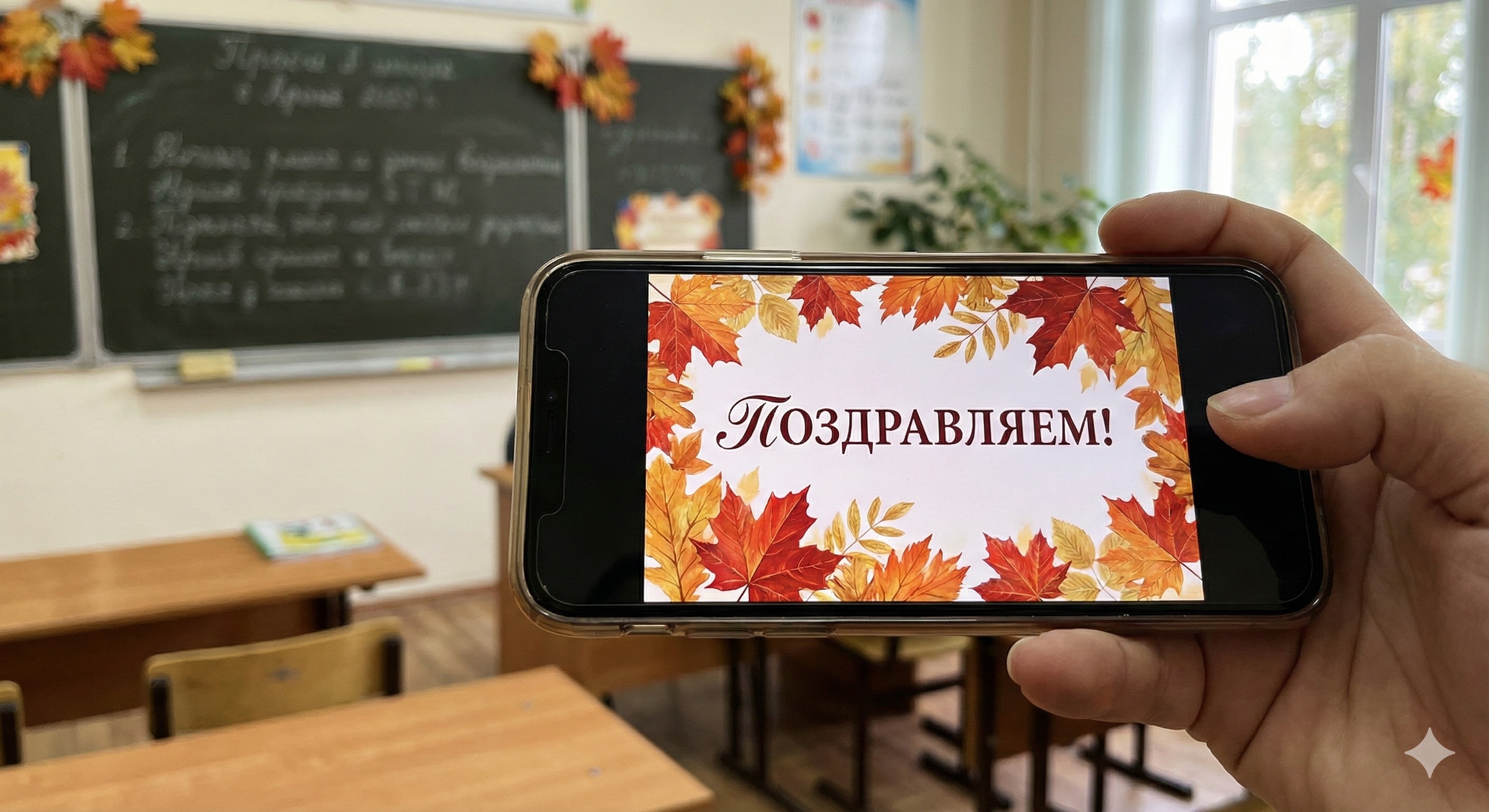 Дистанционное поздравление учителя в мессенджере Смартфон с поздравительной открыткой учителю на фоне школьной доски