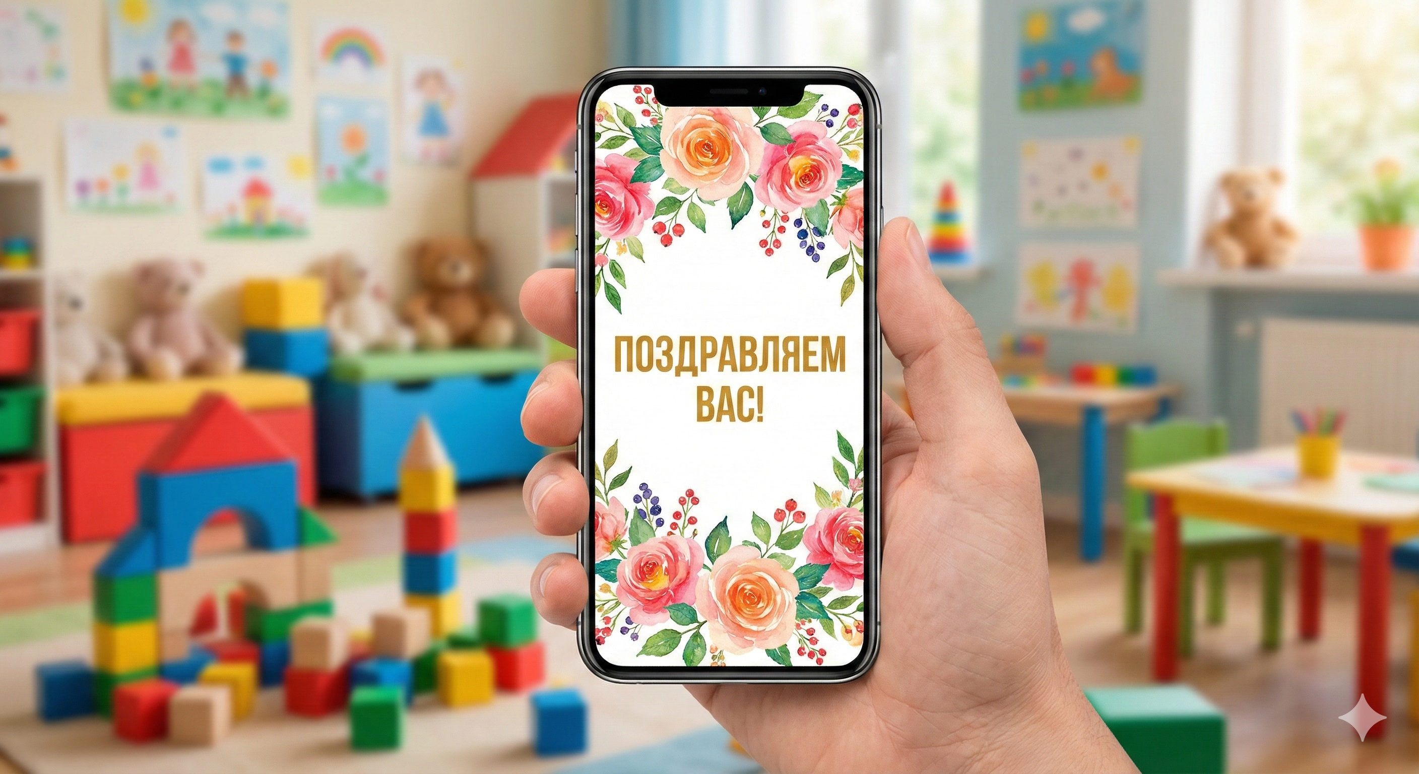 Поздравление воспитателю в мессенджере Смартфон с поздравительной открыткой для воспитателя на экране