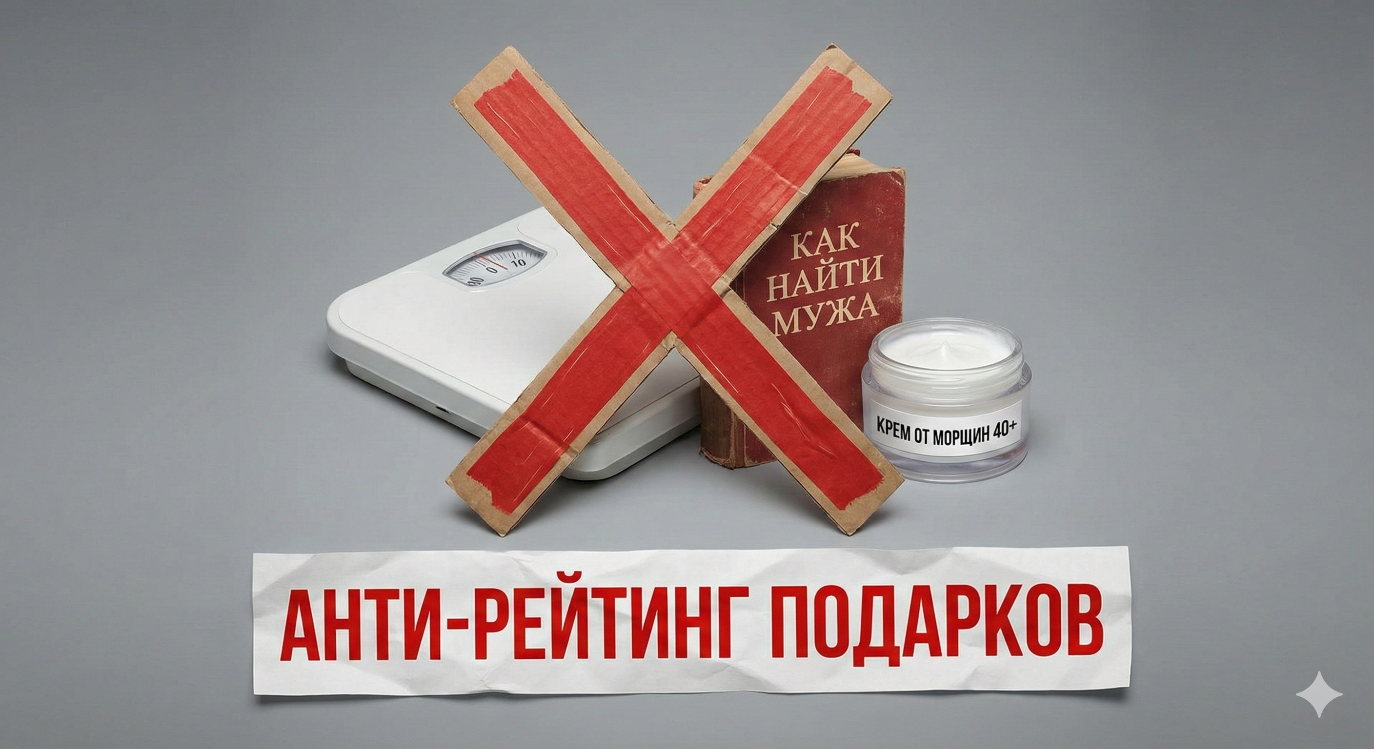 Анти-рейтинг подарков взрослой дочери: что нельзя дарить Изображение нежелательных подарков: весы, книга Как найти мужа, крем от морщин, с красным крестом и надписью Анти-рейтинг подарков