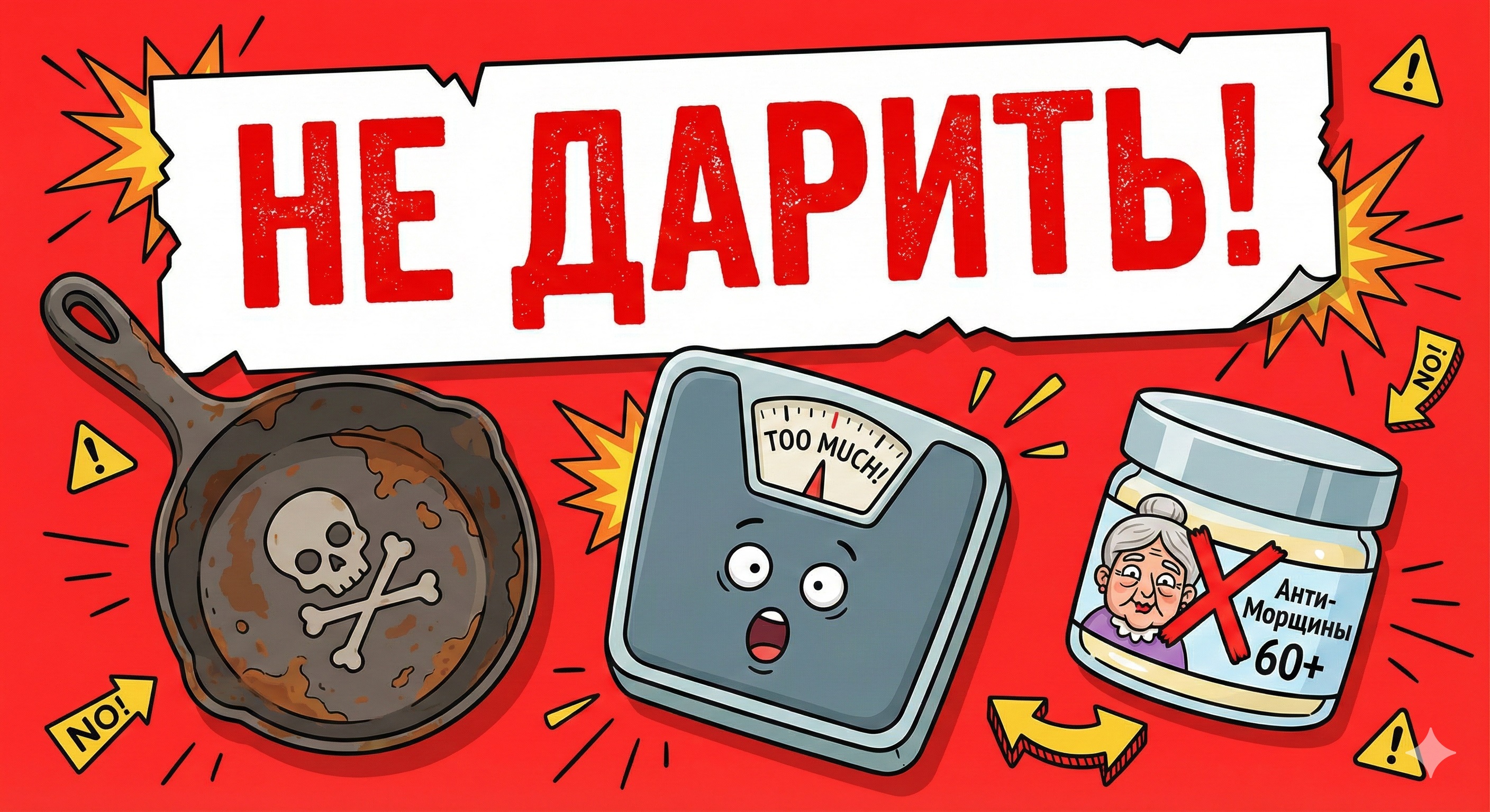 Худшие подарки для жены стоп-лист Иллюстрация стоп-листа подарков жене со сковородой, весами, кремом и надписью Не дарить!