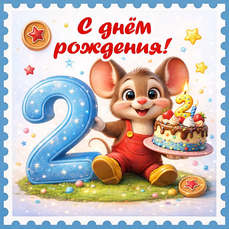 Открытка с днем рождения с мышонком на 2 года мальчику