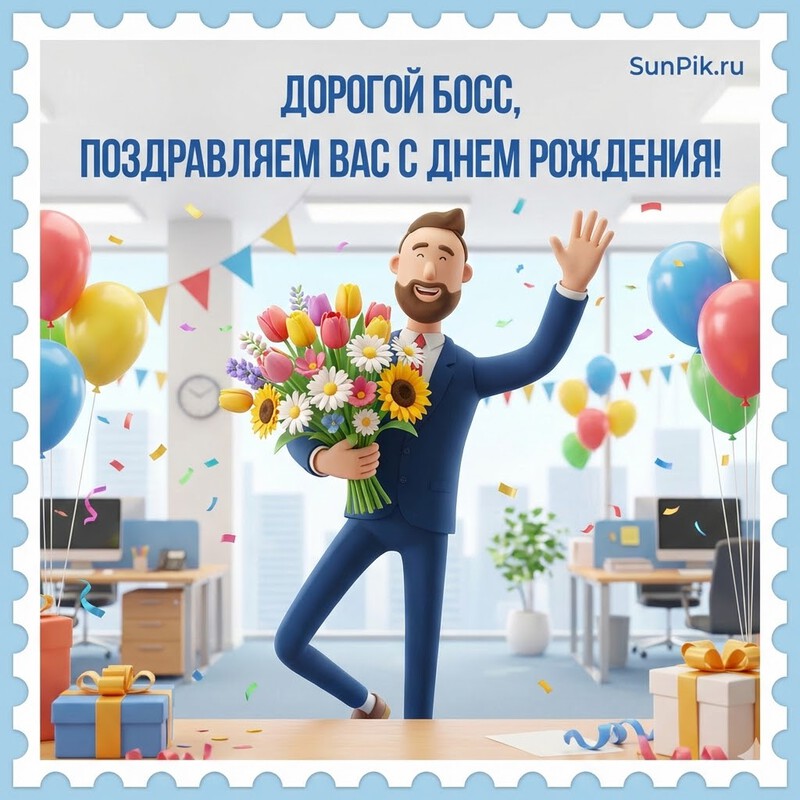 Открытка с днем рождения, босс с мужчиной с букетом