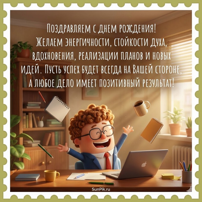 Прикольная открытка с днем рождения начальнику с мужчиной за компьютером