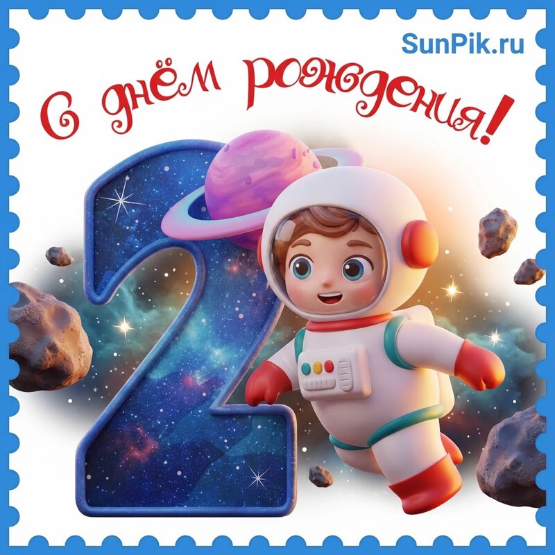 Открытка с днем рождения мальчику 2 года с космонавтом
