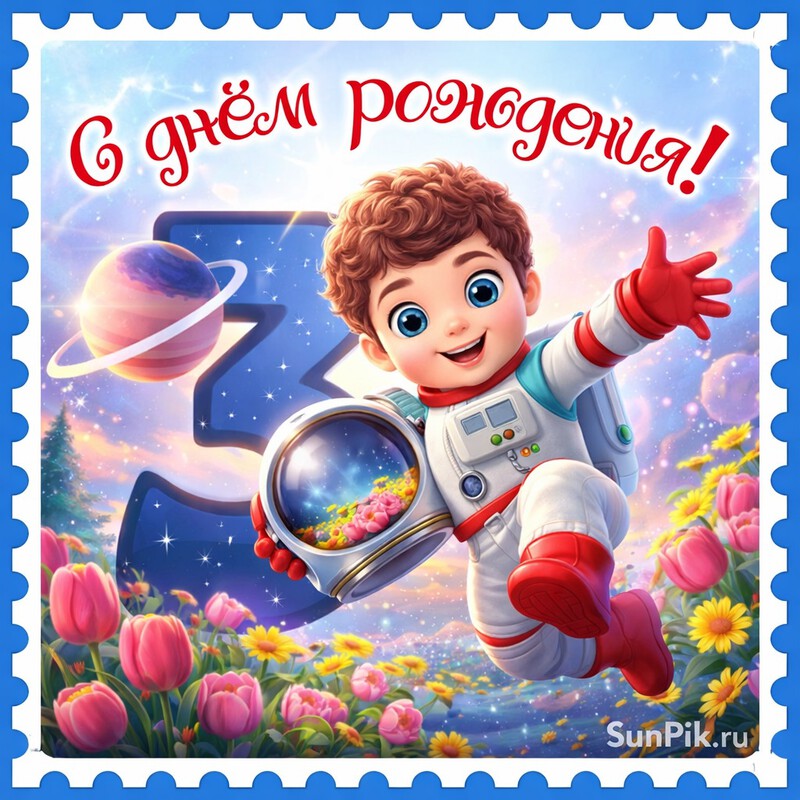 Открытка с днем рождения мальчика 3 года с космонавтом