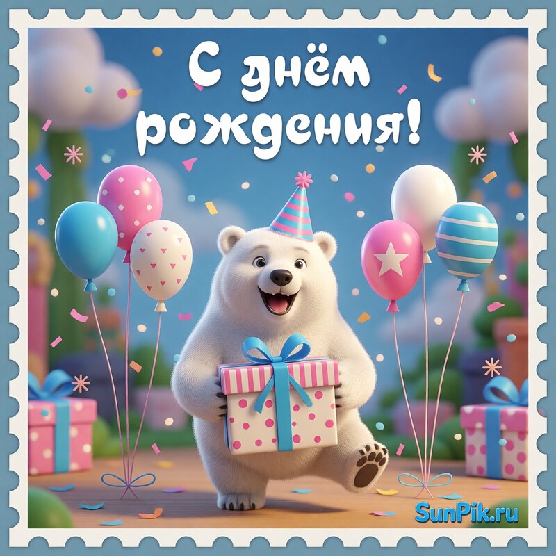 Картинка с днем рождения ребенку мальчику медведь с подарком