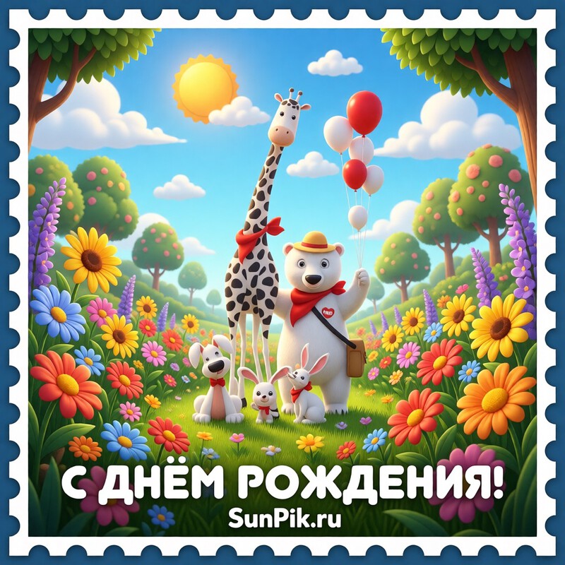 Открытка с днем рождения мальчику с животными на поляне с цветами