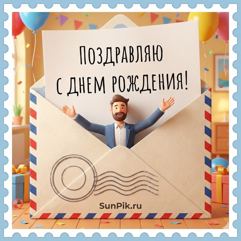 Открытка с почтовым конвертом и текстом поздравляю с днем рождения!
