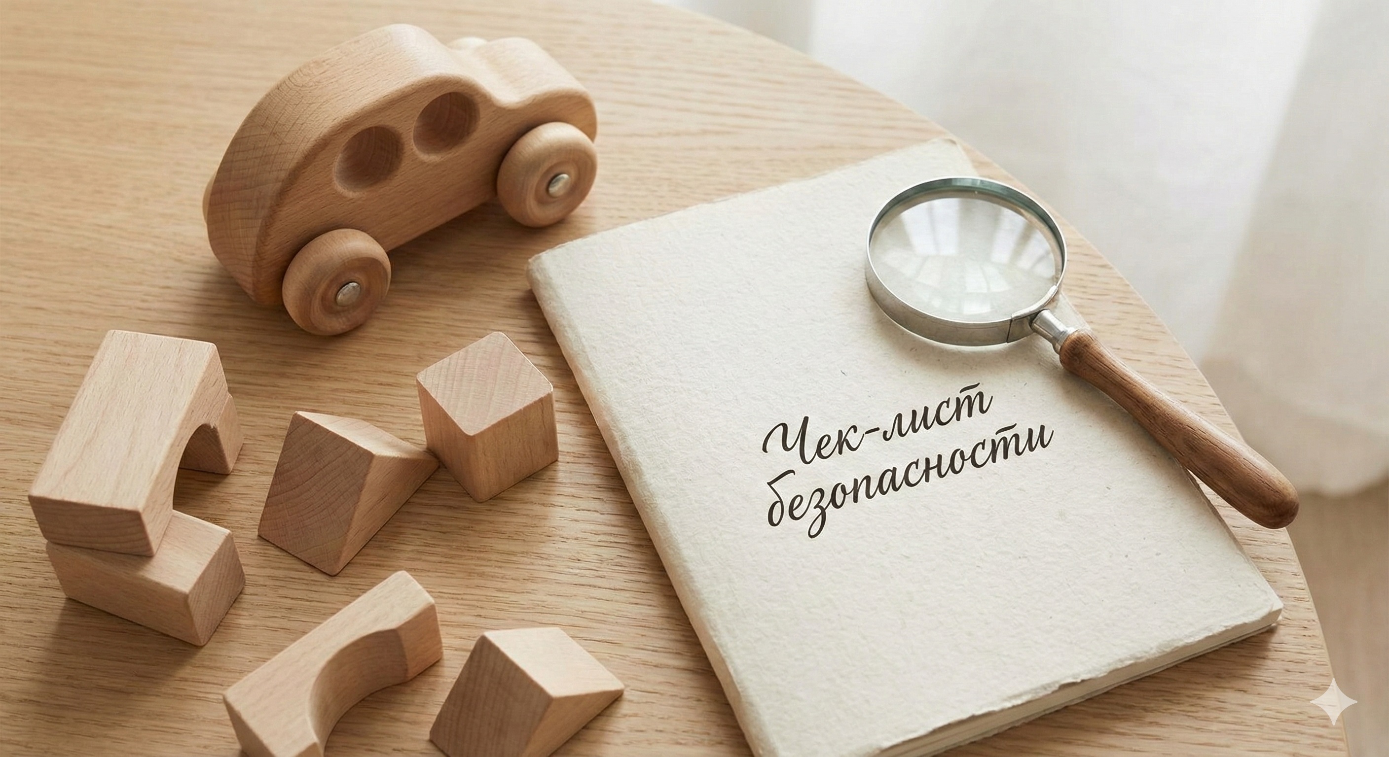Деревянные машинки и увеличительное стекло рядом с блокнотом Чек-лист безопасности для экспертной проверки