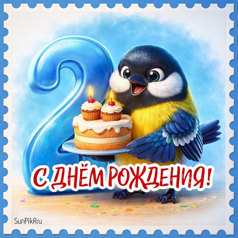 Красивая открытка для мальчика 2 года с текстом с днем рождения и синицей