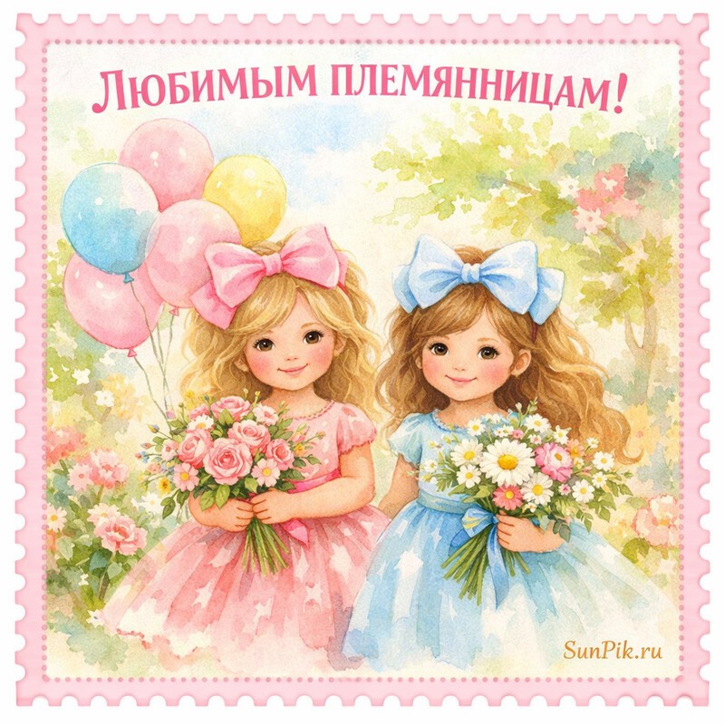 Красивая открытка с двумя девочками, поздравить с днем рождения племянниц двойняшек от тети