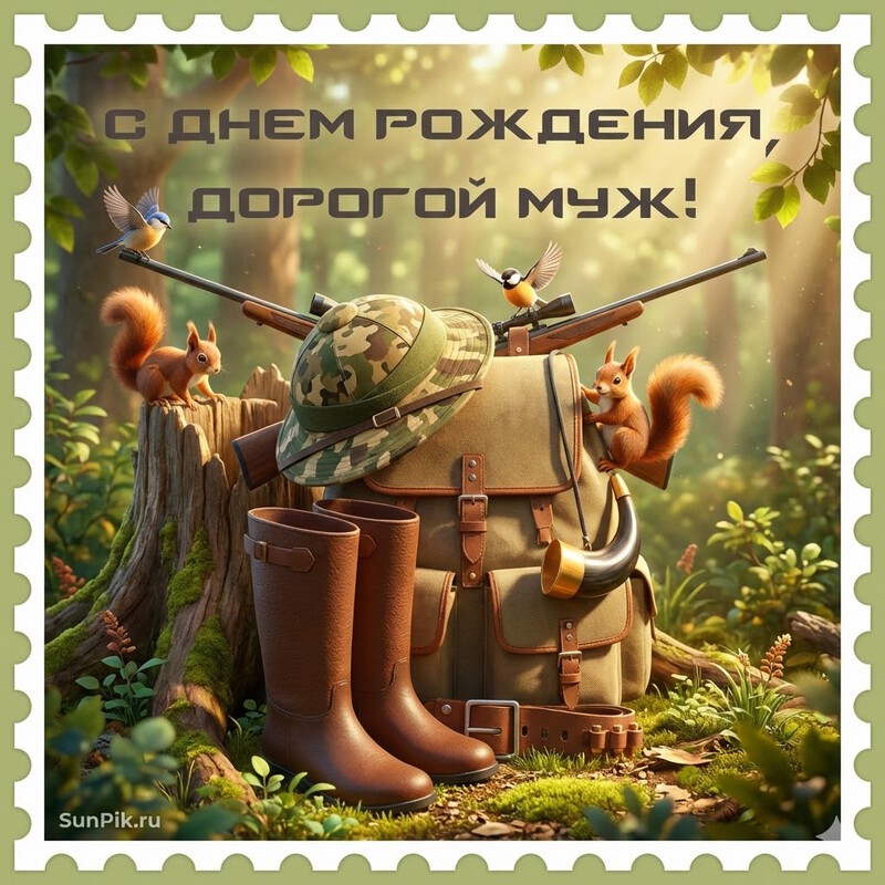 Открытка для мужа охотника с днем рождения со снаряжением для охоты