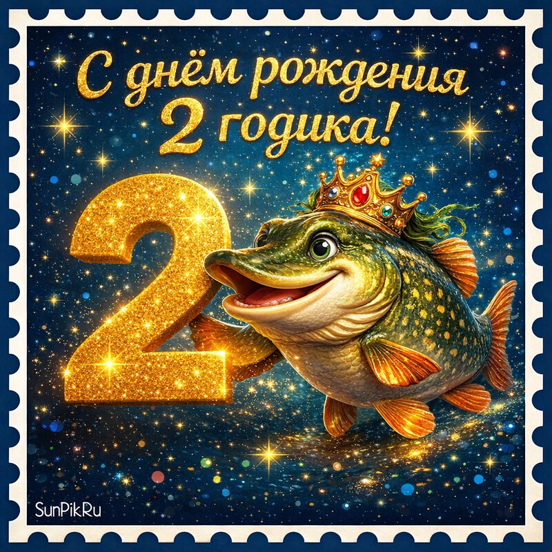 Оригинальная открытка с днем рождения на 2 годика со сказочной щукой