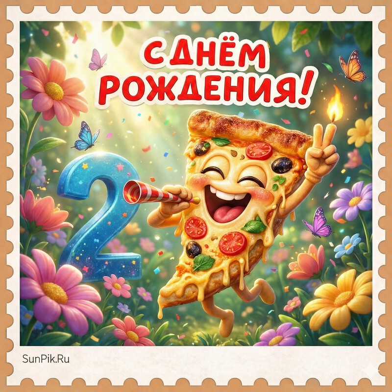 Открытка с весёлой пиццей на дни рождения детям дошкольного возраста для мальчиков 2 лет